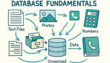 Educational infographic showing how text files, photos, and numbers are transformed into organized digital records in a central database, with hand-drawn arrows and metaphors like library catalogs and phone books.