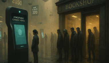Dystopian street scene showing futuristic consent terminals outside shops with queuing frustrated people, representing how cookie consent systems became surveillance infrastructure.
