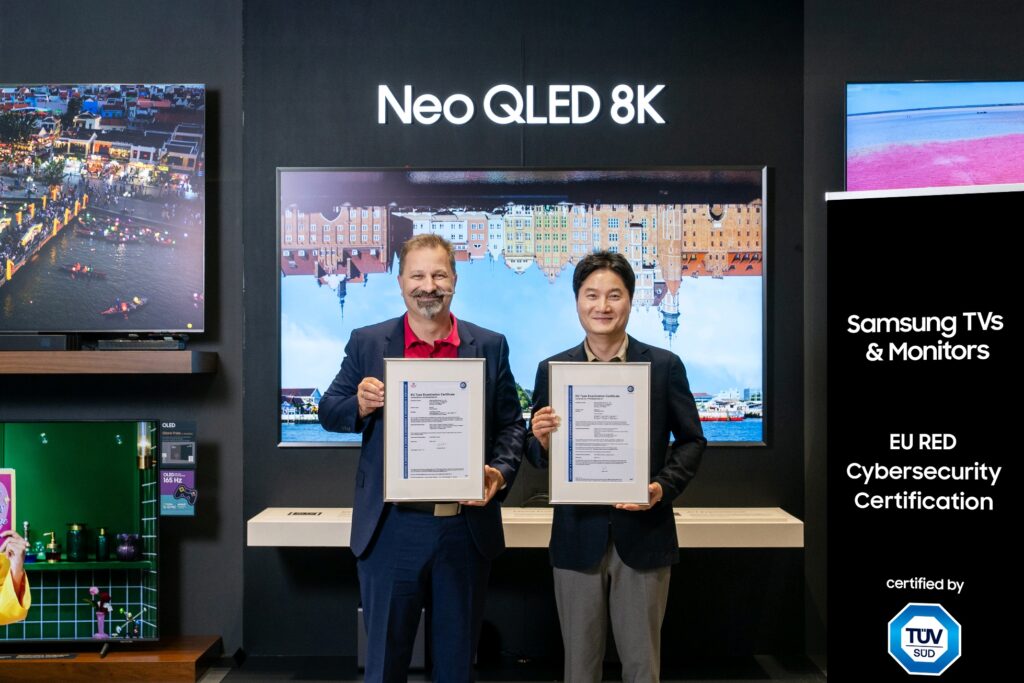 Samsung earns EU RED cybersecurity compliance for 2024–2025 TVs, monitors, and commercial displays.