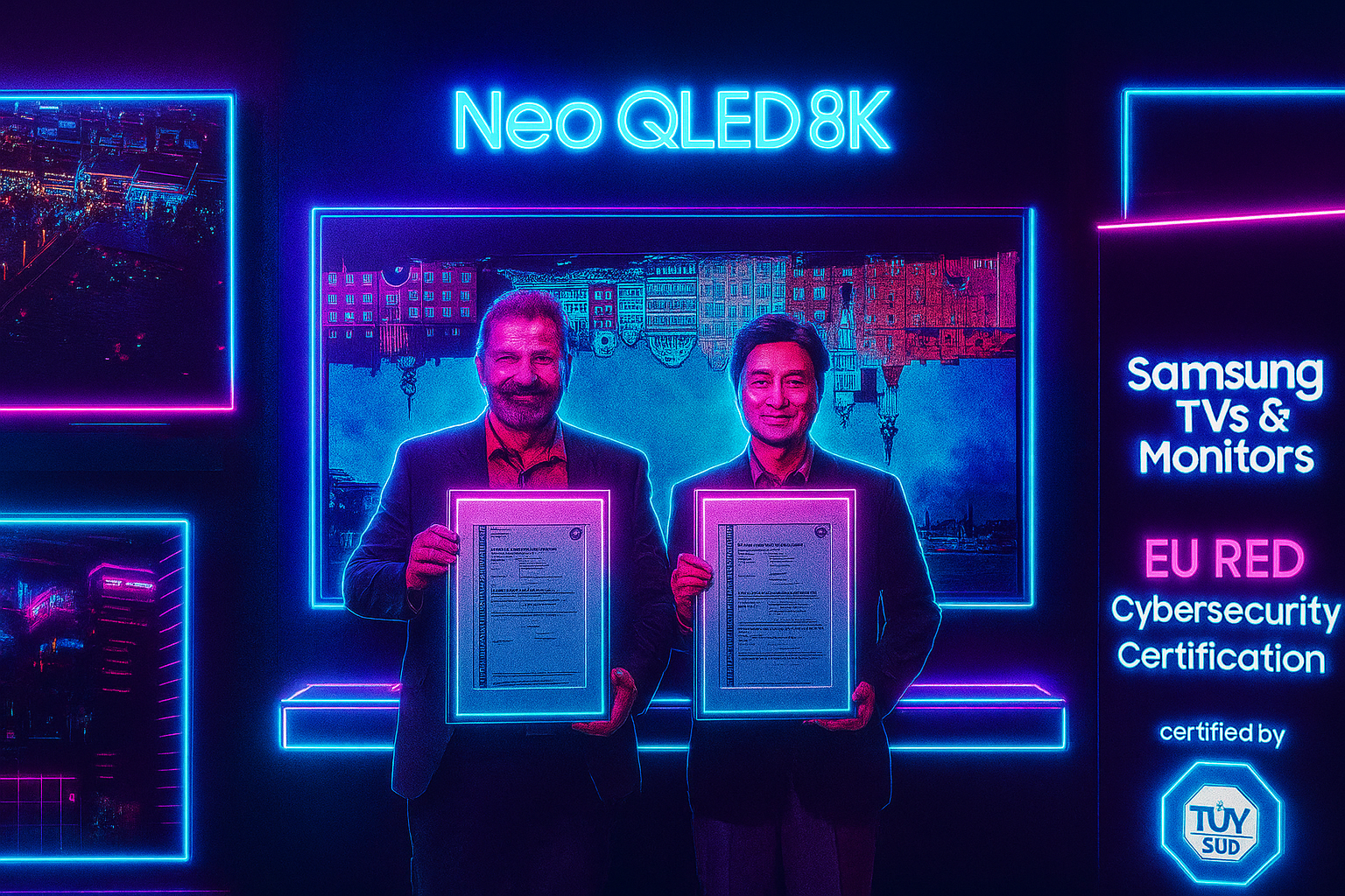 Samsung executives holding EU RED Cybersecurity Certification framed documents, depicted in cyberpunk neon style — symbolic critique of EU RED Regulation and its impact on openness and innovation