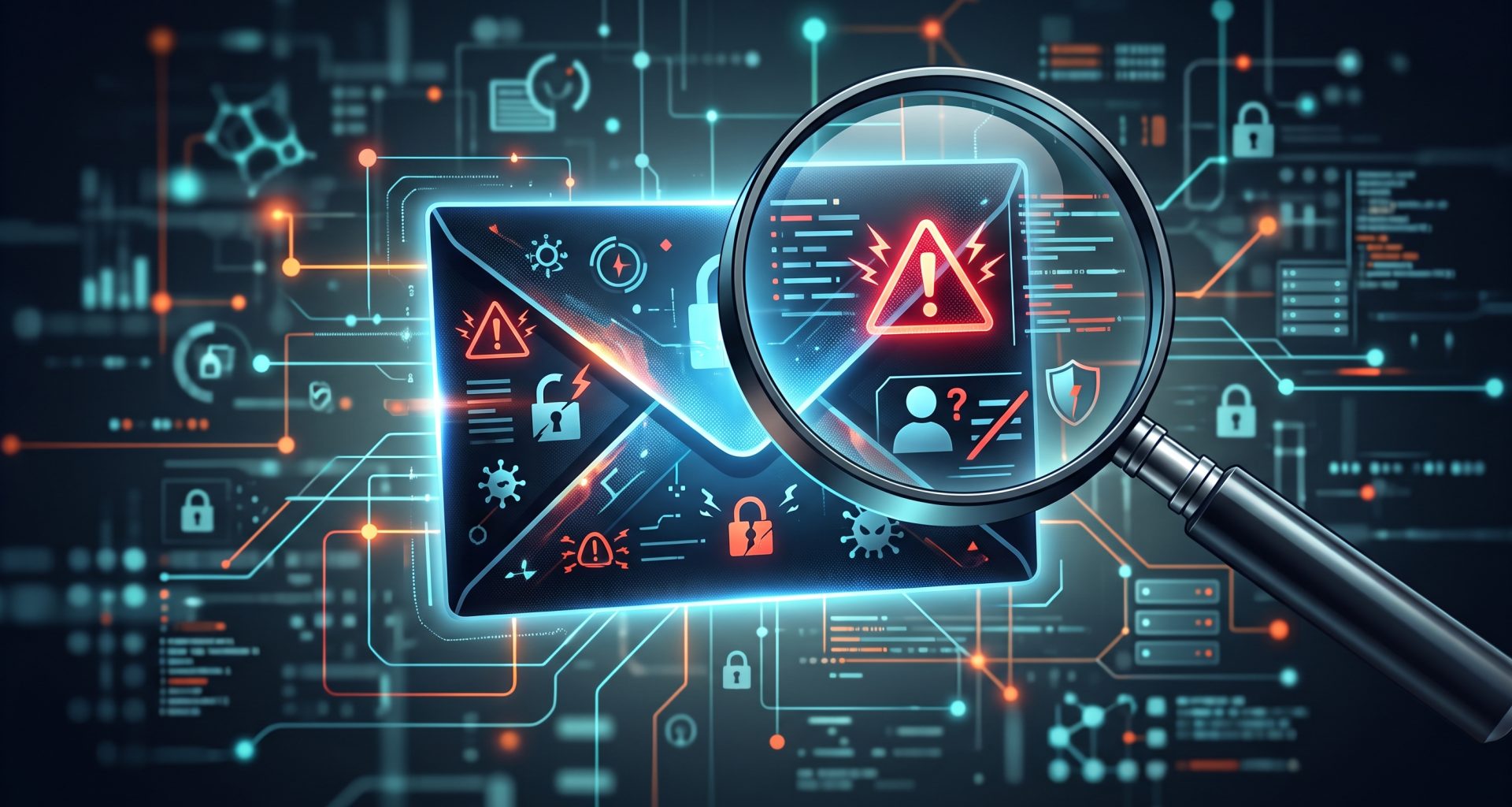 Magnifying glass inspecting a suspicious email envelope with warning icons, symbolising the scrutiny needed to spot phishing and spoofed domains.